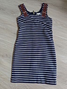 MICHAEL Michael Kors Navy and White Striped Mini Dress with Brown Strap Details
